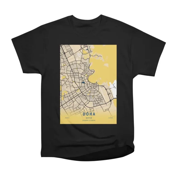 Doha Qatar Yellow City Map T-Shirt Tee Gift For Him Merch For Her Apparel For Friend
