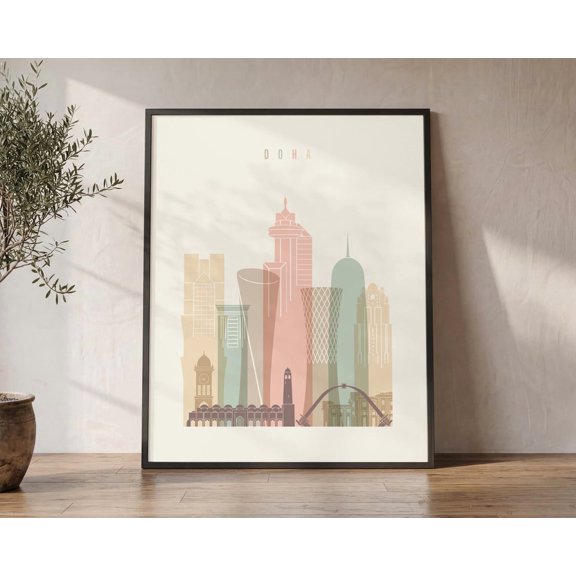 Doha Skyline Cityscape Travel Poster, Artistic Travel Inspired Theme For Dorm Room, Office And Home Decor