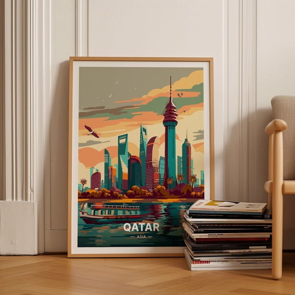 Doha Skyline Travel Mid Century Modern Qatar Art, Stretched Canvas 16x20in