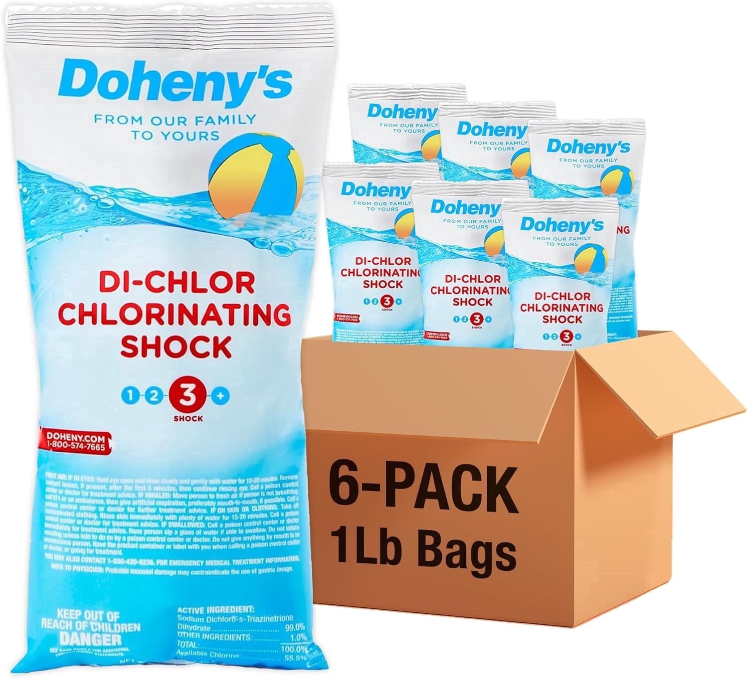 Doheny’s Stabilized Chlorine Pool Shock for Swimming Pools, Fast-Dissolving Di-Chlor Granular Treatment, 56% Available Chlorine, 6 x 1 lb Bags (6 lb Total)