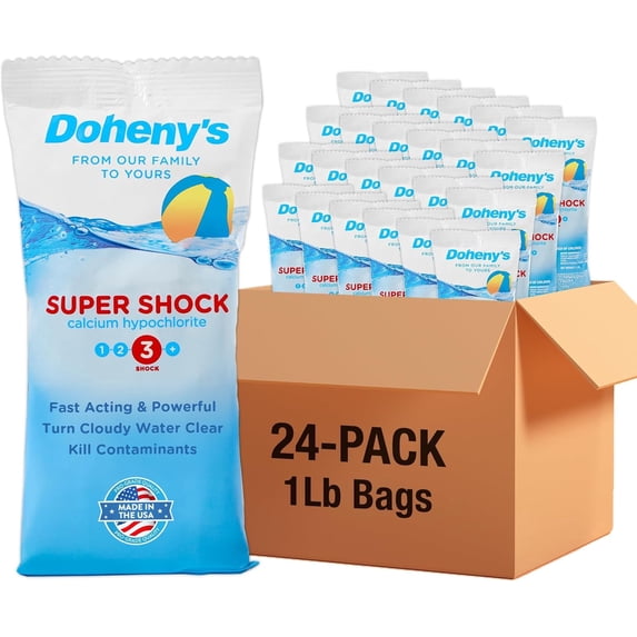 Doheny's Super Pool Shock, Pro-Grade 68% Cal-Hypo Granular Chlorine, Quick-Dissolving, Kills Algae & Bacteria, 24 x 1 lb Bags