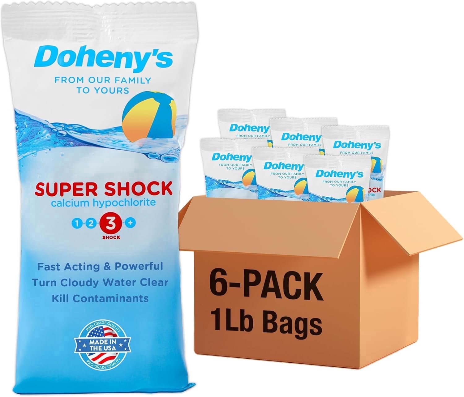 Doheny's 68% Cal-Hypo Pool Shock, Fast-Dissolving Granular Chlorine, 6 x 1 lb Bags