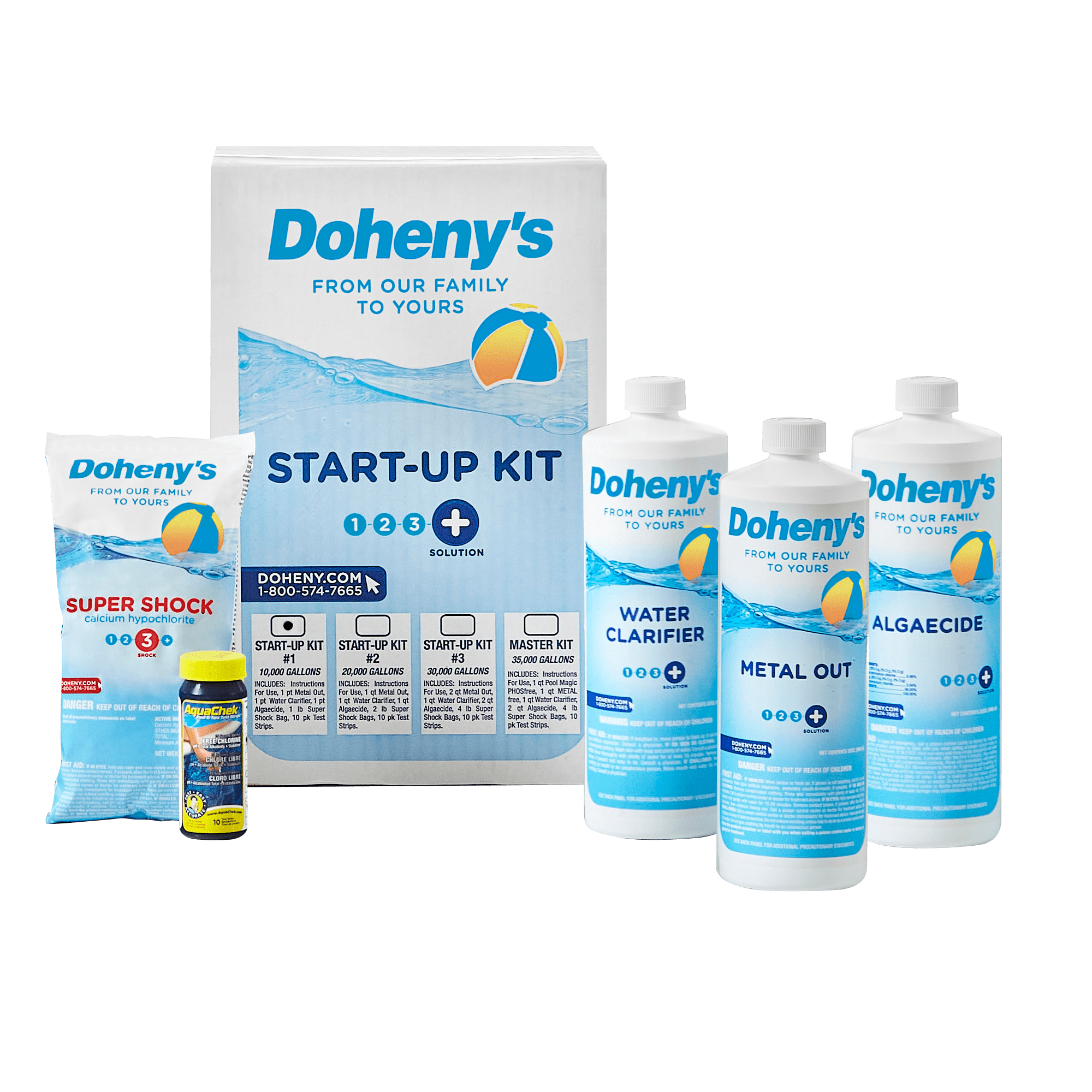 Doheny's Ultimate Pool Opening Start-Up Kit | Made in USA | Includes Metal Out, Algae Control, Clarifier & Super Shock | Prevents Stains, Rust & Scale | Free 10-Pack Test Strips | Pro-Grade Chemicals