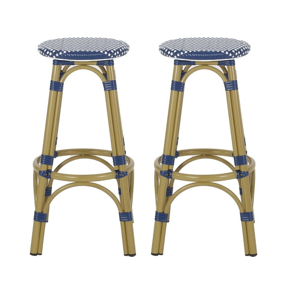 Dohney Outdoor French Aluminum 29.5 Inch Barstools, Set of 2, Navy Blue, White, and Bamboo Finish