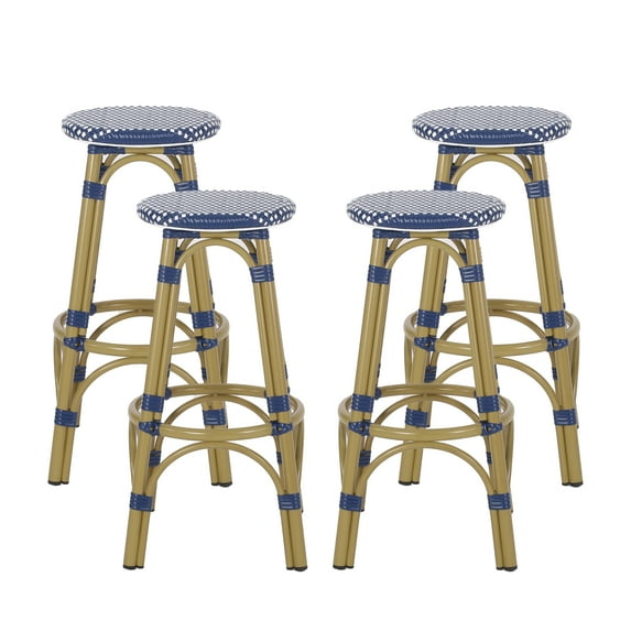 Dohney Outdoor French Aluminum 29.5 Inch Barstools, Set of 4, Navy Blue, White, and Bamboo Finish