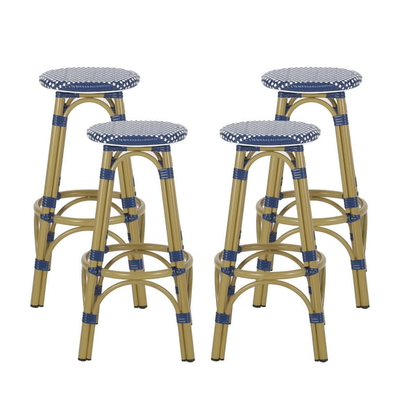 Dohney Outdoor French Aluminum 29.5 Inch Barstools, Set of 4, Navy Blue, White, and Bamboo Finish