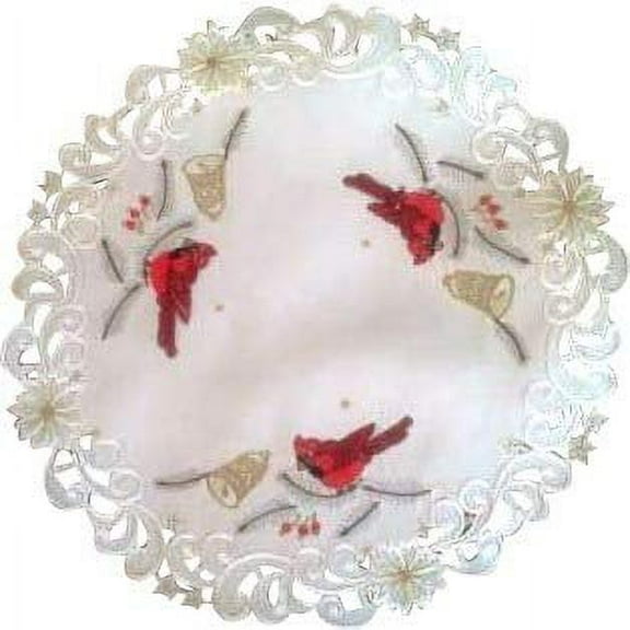 Doily Boutique Christmas Doily or Placemat with Red Cardinals on Antique White Fabric, Size 16 inches