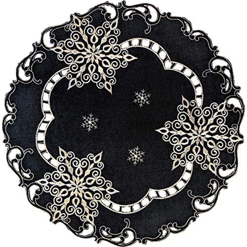 Doily Boutique Christmas Doily or Placemat with White Snowflakes on Blue Burlap Linen Fabric Size 15 inches