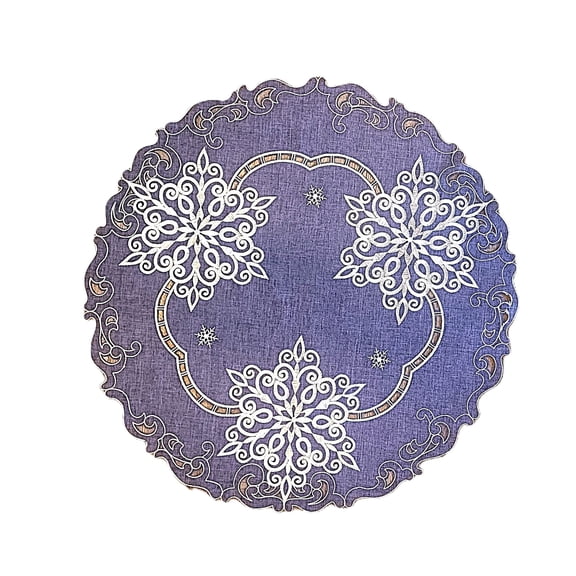 Doily Boutique Christmas Round Doily with White Snowflakes on Blue Burlap Linen Fabric Size 24 inches