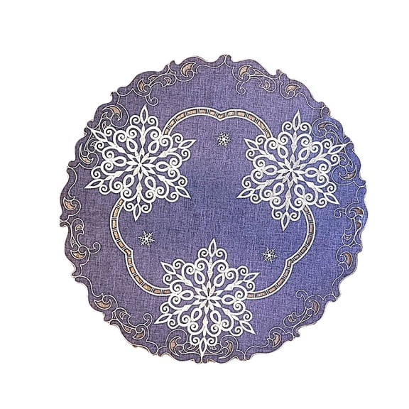 24" Round Christmas Doily with White Snowflakes on Blue Burlap Linen Fabric