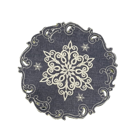 Doily Boutique Christmas Round Embroidered Doily with White Snowflakes on Blue Burlap Linen Fabric Size 11 inches