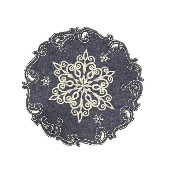 11" Round Embroidered Doily with White Snowflakes on Blue Burlap Linen Fabric