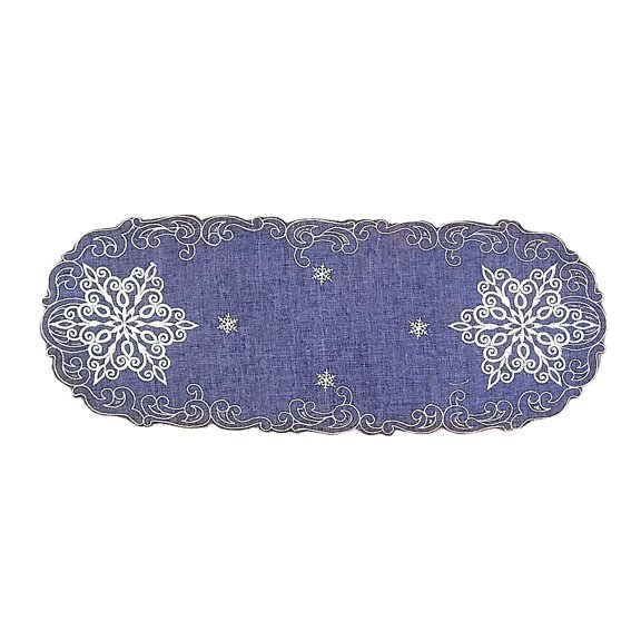 20 x 18 Christmas Embroidered Doily with White Snowflakes on Blue Burlap Linen Fabric