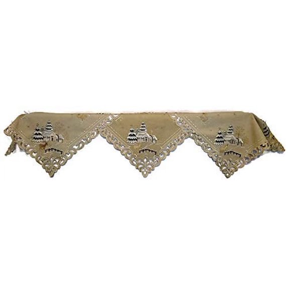 Doily Boutique Christmas Fireplace Mantel Scarf with a Reindeer and Cabin on Tan Burlap Fabric Handmade Size 84 x 27 inches