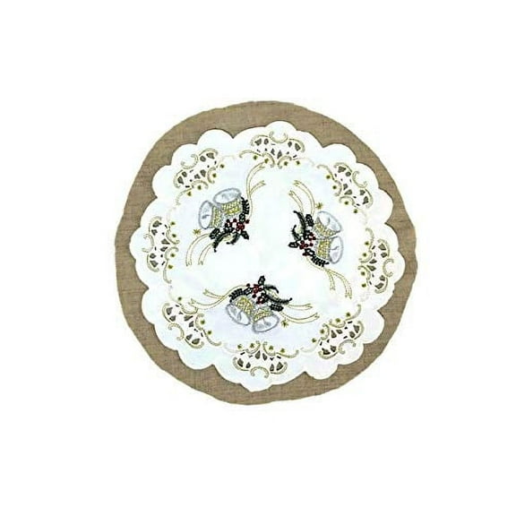Doily Boutique Christmas Placemat or Doily with Silver Bells on White Fabric, Size 16 inches