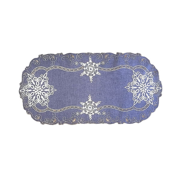 Christmas Embroidered Fabric Table Placemat with White Snowflakes on Blue Burlap Linen Size 11 x 17 inches