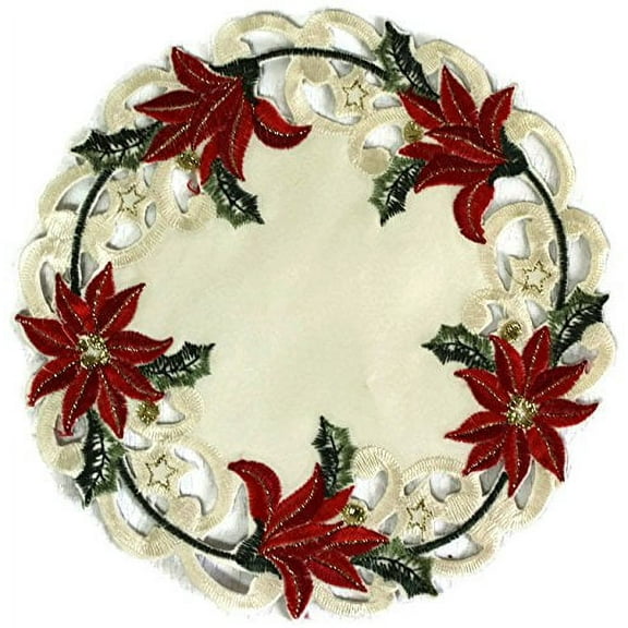 Doily Boutique Christmas Round Doily with Large Red Poinsettias on Antique White Fabric, Size 7 inches