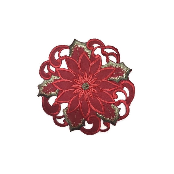 Doily Boutique 7" Christmas Round Embroidered Fabric Doily with Red Cutwork Poinsettias