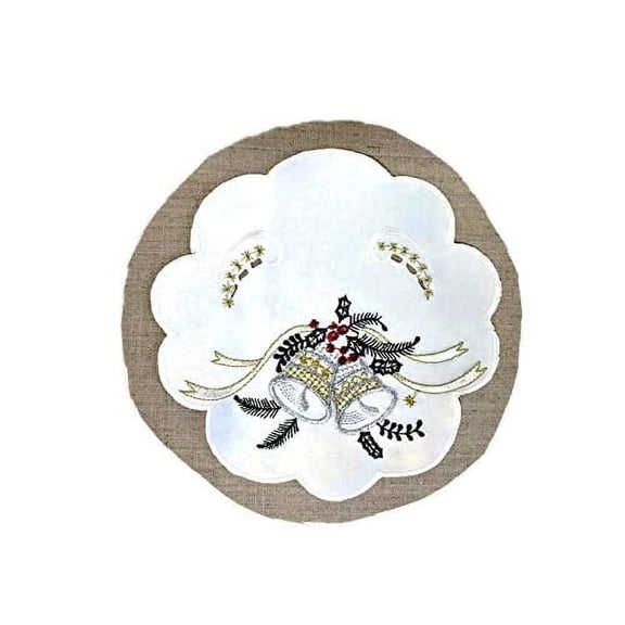 7" Christmas Round Embroidered Fabric Doily with Silver Bells on Bleached White Material