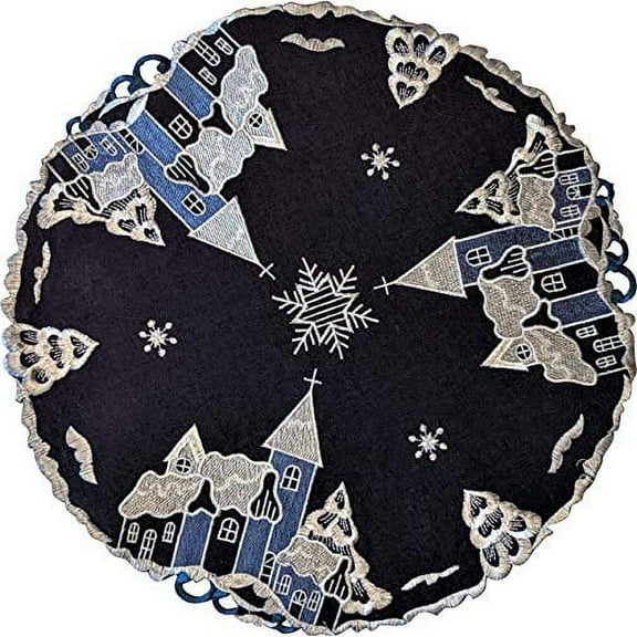 Doily Boutique Christmas Round Doily with Village and Church on Blue Burlap Linen Fabric Size 11 inches
