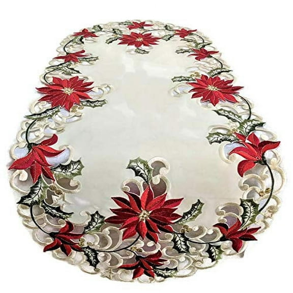 Doily Boutique Christmas Table Runner Embroidered with Large Red Poinsettias, Size 44 x 15 inches