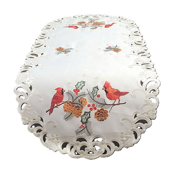 Doily Boutique Christmas Table Runner Embroidered with Cardinals on White Fabric, Size 34" x 15"