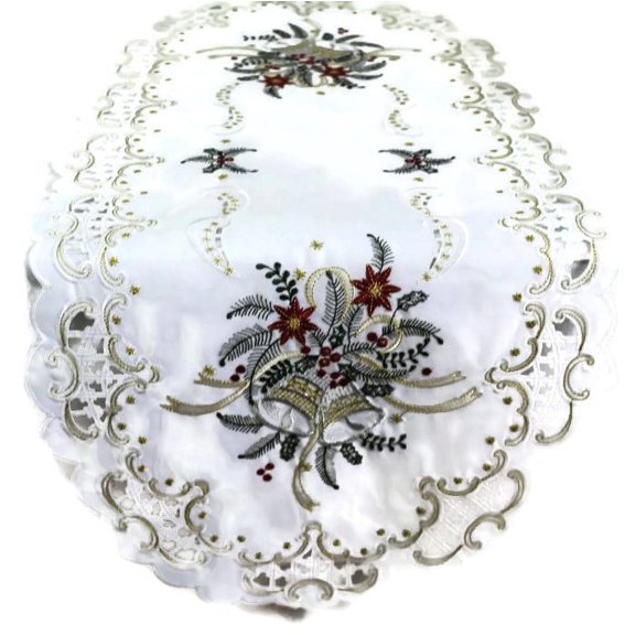 Doily Boutique Christmas Table Runner Embroidered with Silver Bells on White Fabric, Size 70 x 15 inches