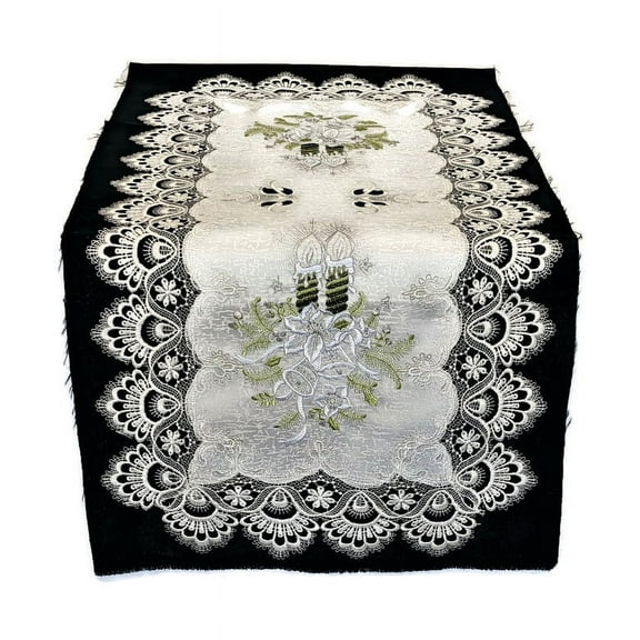 Doily Boutique Christmas Table Runner with Green Candles and Lace on Antique White Fabric Size 35 x 16 inches