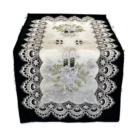 Christmas Table Runner with Green Candles and Lace on Antique White Fabric Size 45 x 16 inches