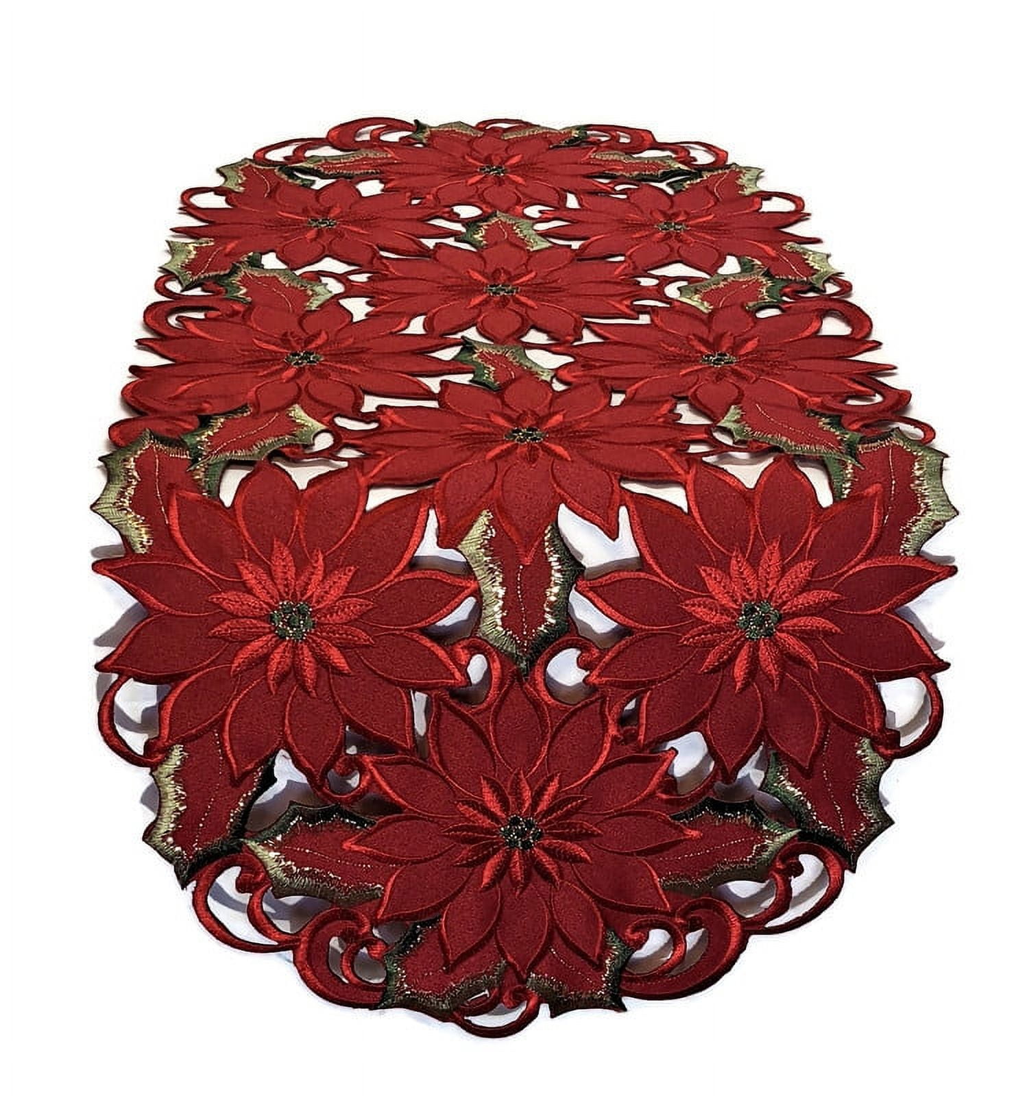 Festive Red Poinsettia Embroidered Christmas Table Runner, 15x72 Inches