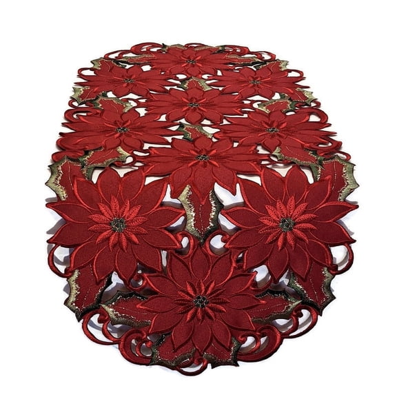 Christmas Table Runner with Red Cutwork Poinsettias, Size 34 x 15 inches