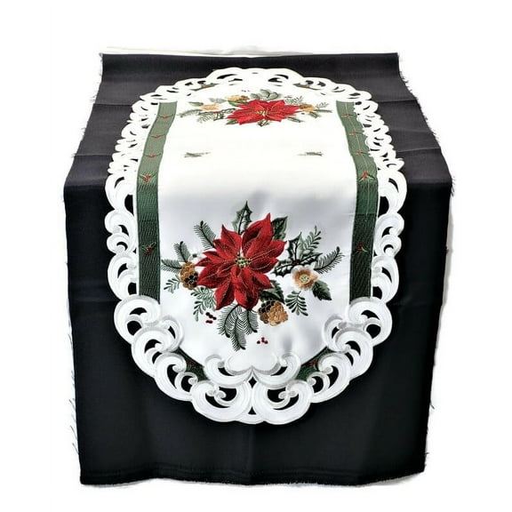 Doily Boutique Christmas Table Runner with Red Poinsettia on White Fabric Size 44 x 15 inches