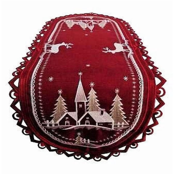 Christmas Table Runner with Reindeer and Church on Red Burlap Style Fabric Size 34 x 15 inches
