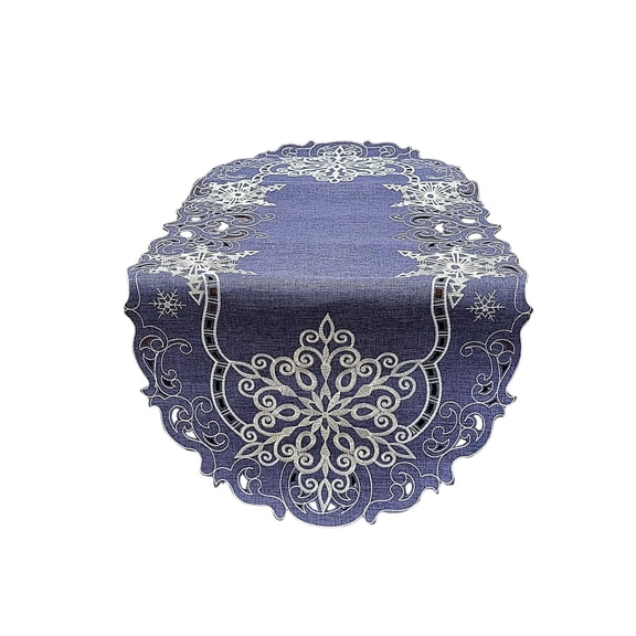 Christmas Table Runner with White Snowflakes on Blue Burlap Style Fabric Size 34 x 15 inches