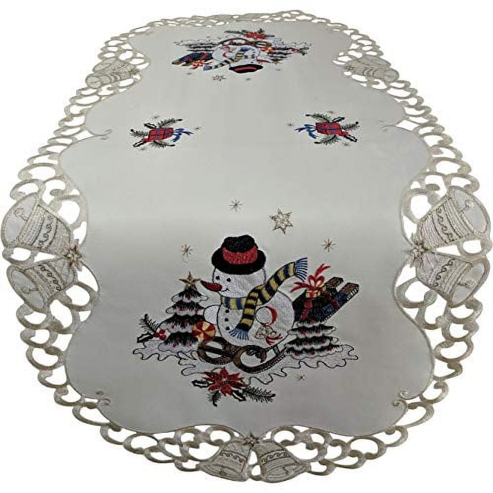 Doily Boutique Christmas Table Runner with a Snowman on Ivory Fabric Size 34 x 15 inches