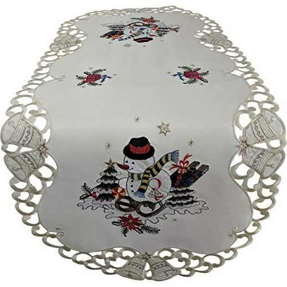 Doily Boutique Christmas Table Runner with a Snowman on Ivory Fabric Size 70 x 15 inches
