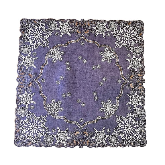 Christmas Square Embroidered Tablecloth with White Snowflakes on Blue Burlap Style Fabric Size 34 inches