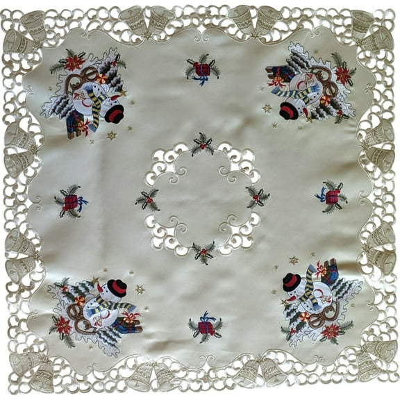 Doily Boutique Christmas Table Topper with a Snowman on Ivory Fabric Size 34 x 34 inches