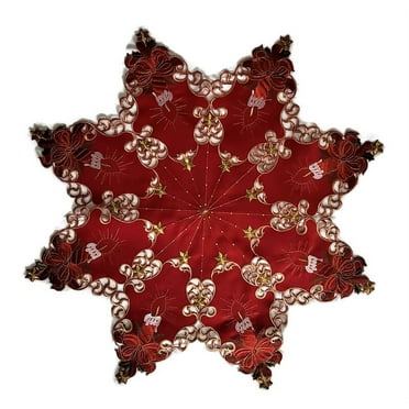 Doily Boutique Christmas Tablecloth or Table Topper Star Embroidered with Red Candles and Fabric, Size 36 inches