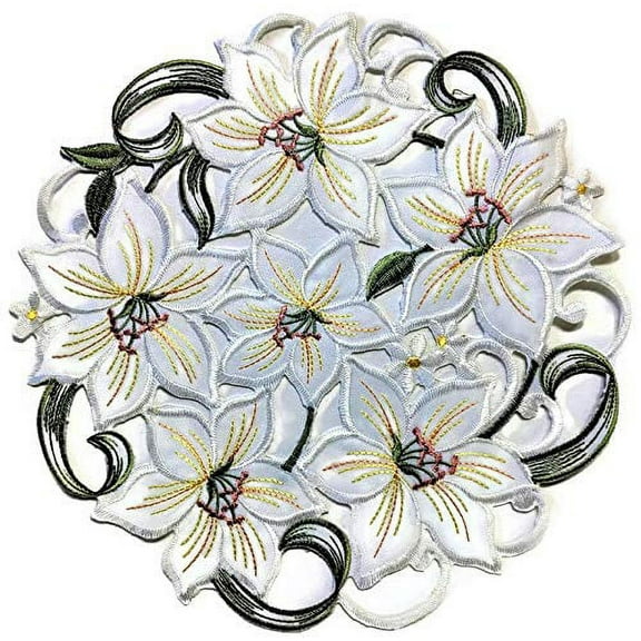 Doily Boutique Easter Place Mat or Doily with Bleached White Lily Flowers, Size 15 inches