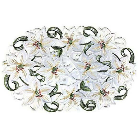 Doily Boutique Easter Placemat or Doily with Bleached White Lily Flowers, Size 27 x 13 inches