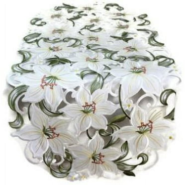 Doily Boutique Table Runner with Gold Daisy Flowers on Sage Green ...