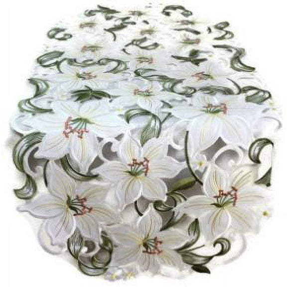 Doily Boutique Easter Table Runner with Bleached White Lily Flowers, Size 34 x 15 inches
