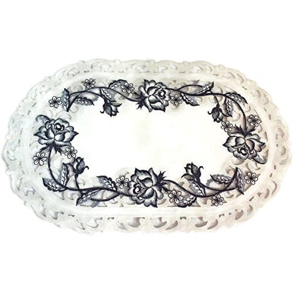 Doily Boutique Embroidered Table Placemat with Blue Roses on Bleached White Material, Size 17 x 11 inches