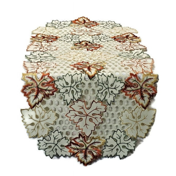 Doily Boutique Fall Table Runner with Fall Maple Leaves on Ivory Fabric Size 34 x 15 inches