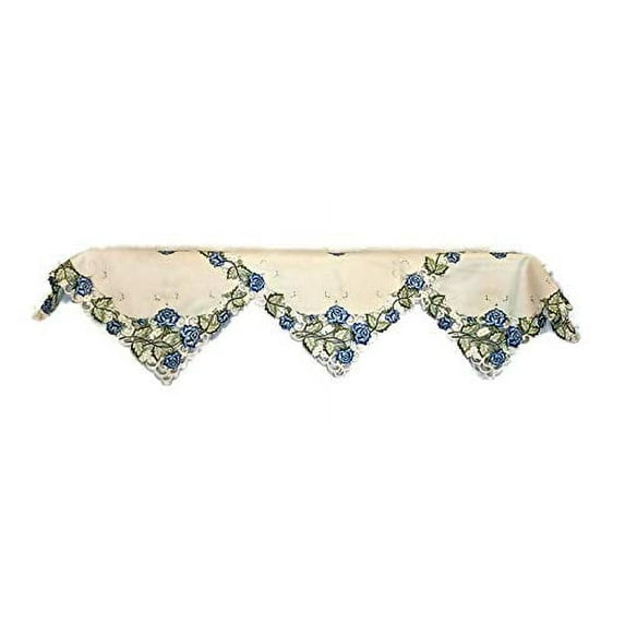 Doily Boutique Fireplace Mantel Scarf with a Victorian Blue Roses on Ivory Fabric Handmade, Size 84 x 27 inches