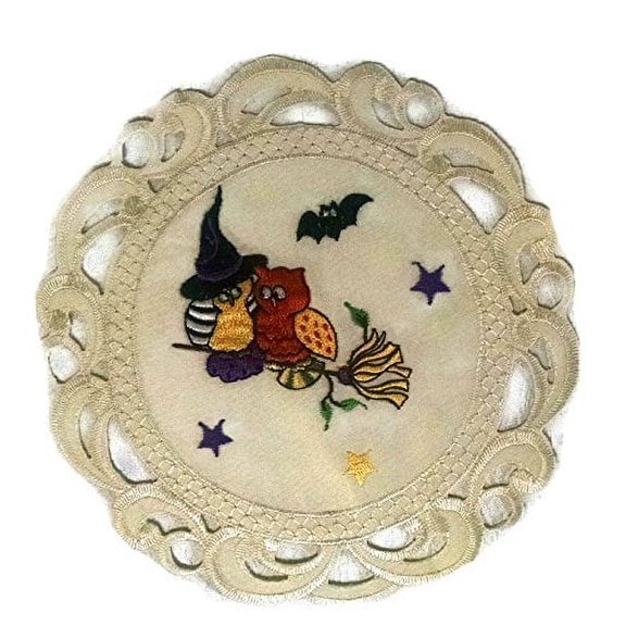 Doily Boutique Halloween Round Doily with Owls and Witch Hats on Ivory Fabric Size 7 inches