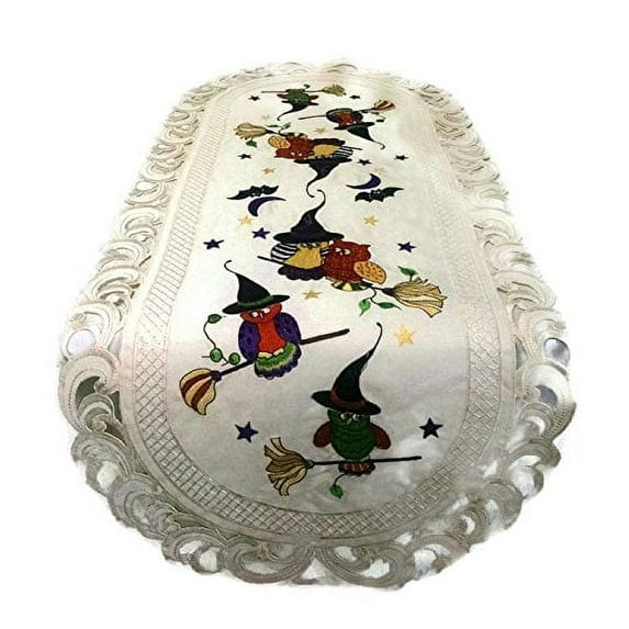 Doily Boutique Halloween Table Runner with Owls and Witch Hats Embroidered on Ivory Fabric, Size 15 x 34 inches