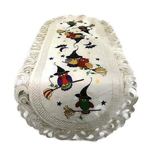 Doily Boutique Halloween Table Runner with Owls and Witch Hats Embroidered on Ivory Fabric, Size 15 x 70 inches