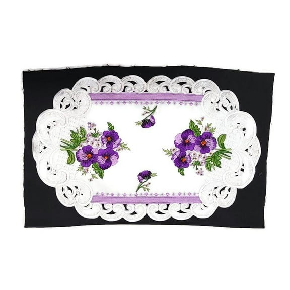 Doily Boutique Oval Placemat Doily with Purple Pansy Flowers on Bleached White Fabric Size 17 x 11 inches